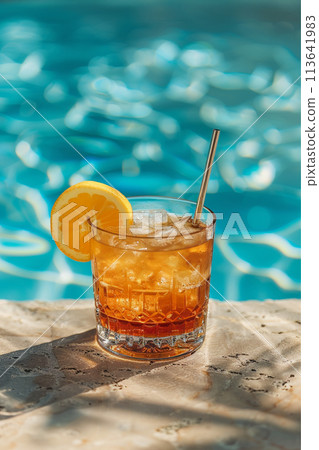 Cocktail glasses at pool, beach side Cocktail glasses at pool, beach side 113641983