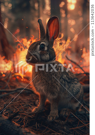 rabbit bunny on a background of burning forest 113642036