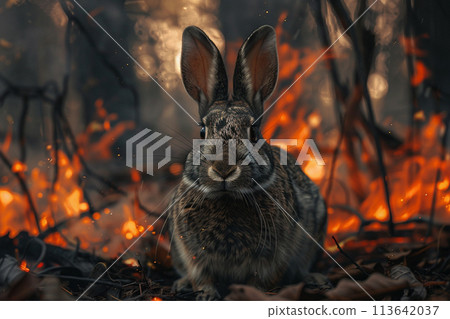rabbit bunny on a background of burning forest 113642037