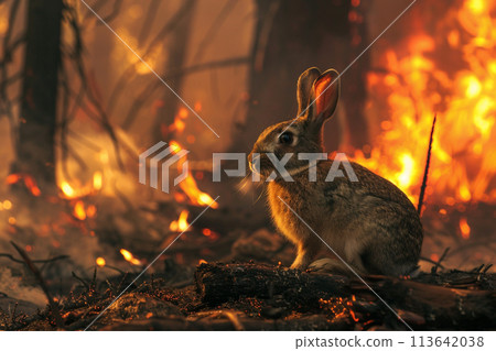rabbit bunny on a background of burning forest 113642038