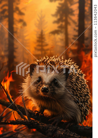 hedgehog on a background of burning forest 113642043