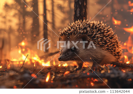 hedgehog on a background of burning forest 113642044