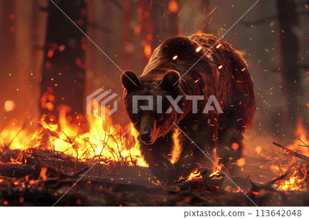 bear on a background of burning forest 113642048