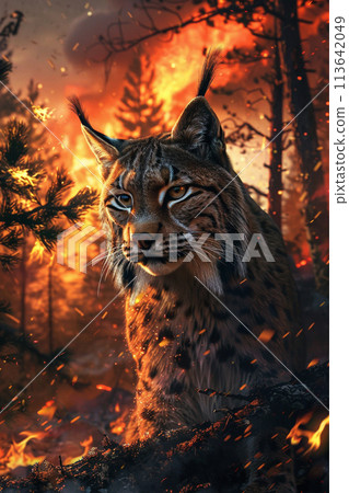 Lynx bobcat on a background of burning forest 113642049