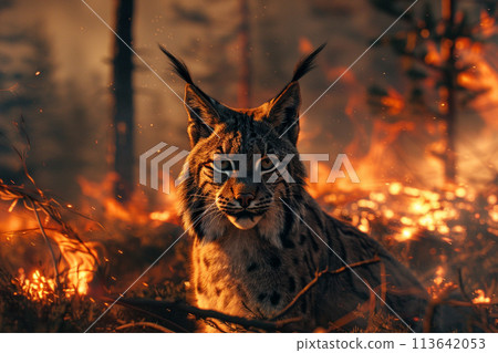 Lynx bobcat on a background of burning forest 113642053