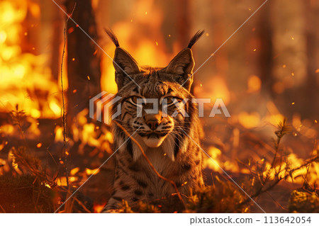 Lynx bobcat on a background of burning forest 113642054