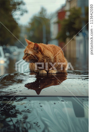 Cat wallowing on car and rains drops on at rainy season 113642080