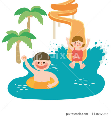 Illustration of kids playing on a water slide 113642086