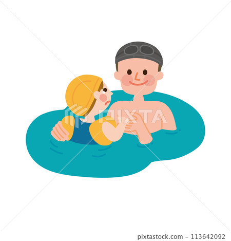 Illustration of a baby who is afraid of water and his teacher 113642092