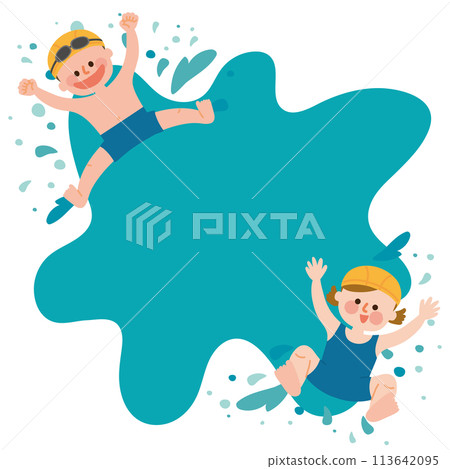 孩子們在泳池裡跳躍的插圖 113642095
