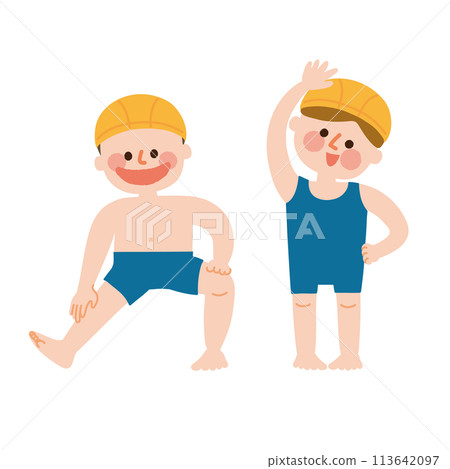 孩子們穿泳衣做熱身運動插畫 113642097