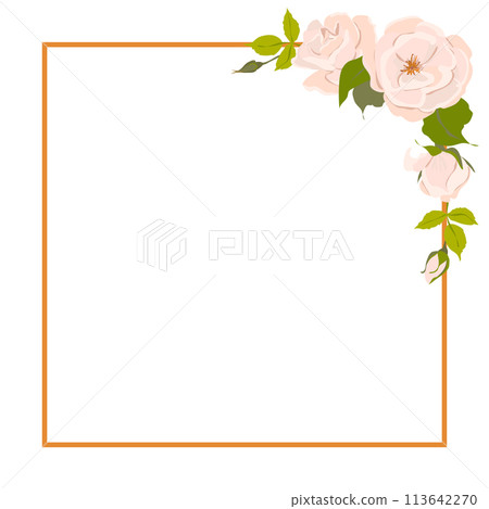 Square frame with roses. Wedding invitation with delicate pink flowers. Retro greeting card template for Mother's Day or March 8th in pastel colors. Flat cartoon style. Square frame with roses. Wedding invitation with delicate pink flowers. Retro greeting card template for Mother's Day or March 8th in pastel colors. Flat cartoon style. 113642270