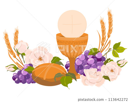 Composition of Christian symbols, attributes of the first communion. Golden bowl for wine, bread, wine, grapes, white roses in flat style. Design elements for an invitation to the Holy Eucharist. Composition of Christian symbols, attributes of the first communion. Golden bowl for wine, bread, wine, grapes, white roses in flat style. Design elements for an invitation to the Holy Eucharist. 113642272