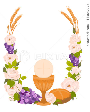 Composition of Christian symbols, attributes of the first communion. Golden bowl for wine, bread, wine, grapes, white roses in flat style. Design elements for an invitation to the Holy Eucharist. 113642274