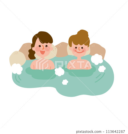 Illustration of female friends soaking in a hot spring 113642287