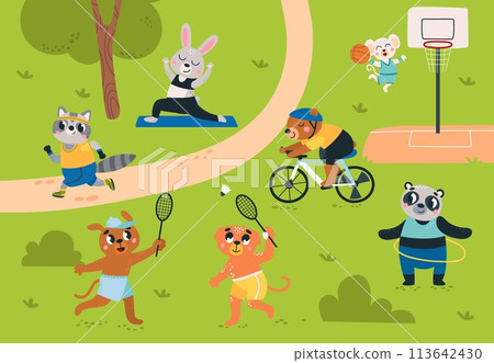 Animal outdoor training. Cute animals doing different exercises, bicycle riding and play basketball. Seasonal rest in park or nature, classy vector scene 113642430