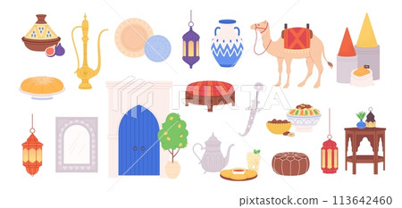 Moroccan elements. Arabian accessories, crockery, pots and lights. Decorative east lamps, ornamental plates, furniture and camel, racy vector set Moroccan elements. Arabian accessories, crockery, pots and lights. Decorative east lamps, ornamental plates, furniture and camel, racy vector set 113642460