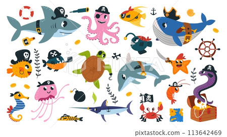 Sea animals pirates. Underwater adventures characters with pirate elements. Funny shark and octopus, jellyfish and seahorse, classy vector set Sea animals pirates. Underwater adventures characters with pirate elements. Funny shark and octopus, jellyfish and seahorse, classy vector set 113642469
