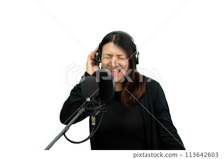 Woman (LGBTQ) singer sing a song with microphone 113642603