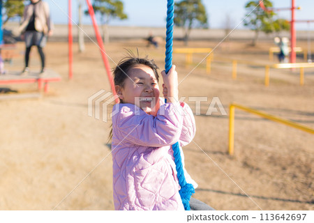 一個女孩在公園的泰山繩上玩 113642697