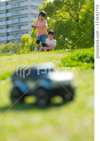 孩子們在草地公園玩無線電控制器 孩子們在草地公園玩無線電控制器 113642715