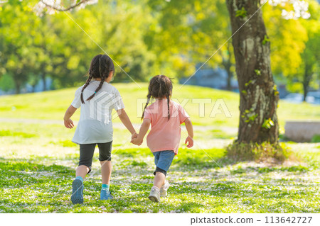 姊妹們手牽手走過綠草如茵的公園 113642727