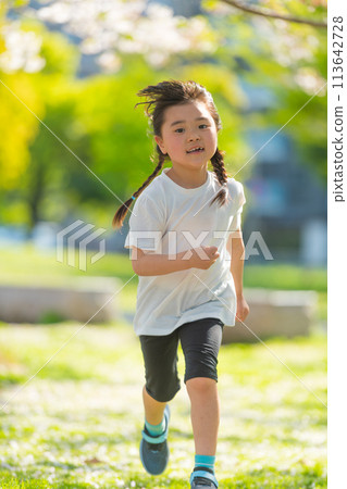 微笑的女孩在綠草如茵的公園跑步 113642728