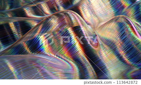 Abstract 3d rendered background depicting a holographic spectrum of light on a textured, wave-patterned surface, showcasing a range of colors. Abstract 3d rendered background depicting a holographic spectrum of light on a textured, wave-patterned surface, showcasing a range of colors. 113642872