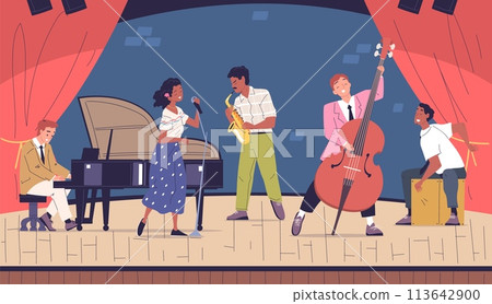 Jazz band characters concert. Musician playing retro piano, singing vocalist saxophonist artist stage performance african cultural music festival concept classy vector illustration 113642900