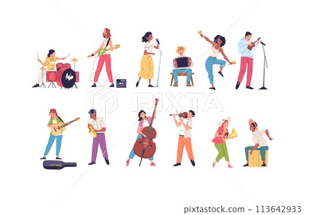 Street musician characters. Musicians people band, woman guitarist violinist, teen city musical artist playing jazz instrument, singer live voice music classy vector illustration Street musician characters. Musicians people band, woman guitarist violinist, teen city musical artist playing jazz instrument, singer live voice music classy vector illustration 113642933