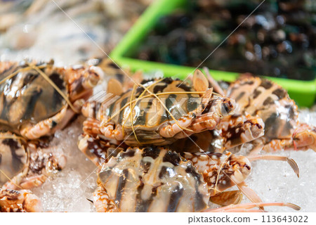 Fresh raw flower crab at Thai seafood market Fresh raw flower crab at Thai seafood market 113643022