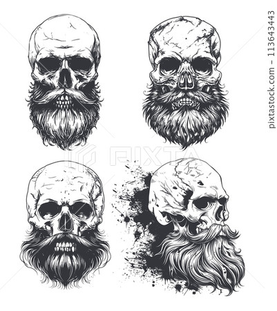 Skulls with beards, skull old brutal man, pirate black beard biker or barber head face vintage hand draw tattoo sketch vector illustration 113643443