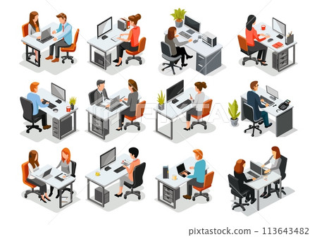 Isometric office workers set, employee with laptop job workplace staff businessman partnership manager with and customer meeting vector illustration 113643482