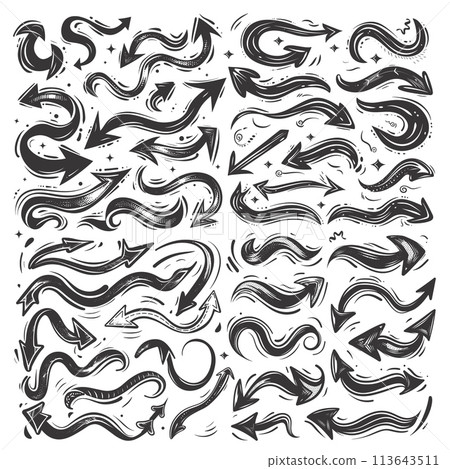 Doodle curved arrows, hand drawn sketch curve arrow direction shape pen abstract cursor ink pointer set vector illustration 113643511