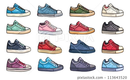 Cartoon sneakers, sport shoes foot pair footwear trendy colorful boots for walking athletic running or fitness set vector illustration 113643520