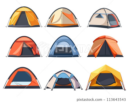 Camping tents for tourist mountaineering forest camp hiking campsite cartoon vector illustration 113643543