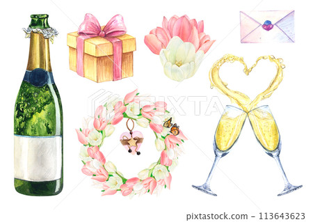 Wedding set watercolor drawing love. Champagne glass heart bottle wreath. Tulips box invitation. Golden sparkling party valentine greeting card. Couple festival holiday. Isolated on white background 113643623