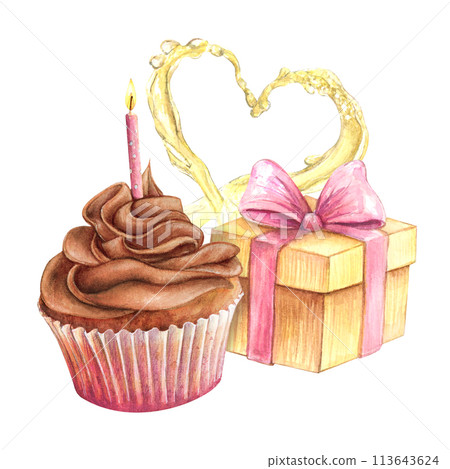 Cupcake present box heart watercolor drawing. Champagne birthday chocolate cream. Cake muffin dessert illustration. Greeting card invitation party aquarelle. Isolated white background whipped candle Cupcake present box heart watercolor drawing. Champagne birthday chocolate cream. Cake muffin dessert illustration. Greeting card invitation party aquarelle. Isolated white background whipped candle 113643624