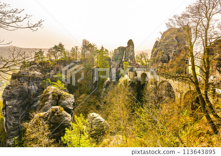 The Bastei Bridge arcs gracefully over towering rock formations in Saxon Switzerland National Park during spring. Germany The Bastei Bridge arcs gracefully over towering rock formations in Saxon Switzerland National Park during spring. Germany 113643895