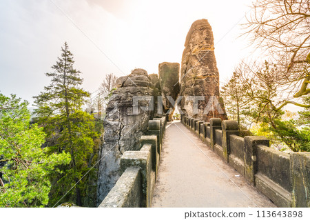 Golden sunlight bathes the iconic Bastei Bridge, highlighting its majestic stone pillars at dawn. Saxon Switzerland National Park, Germany 113643898