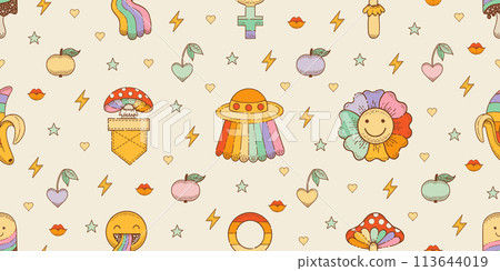 Pattern in retro trippy style. 80s 70s 60s groovy cartoon sticker seamless patter. Psychedelic party abstract wallpaper. Daisy flower, ufo, smiley face, mushroom. 1970s pop smile character background Pattern in retro trippy style. 80s 70s 60s groovy cartoon sticker seamless patter. Psychedelic party abstract wallpaper. Daisy flower, ufo, smiley face, mushroom. 1970s pop smile character background 113644019