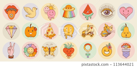Hippie stickers. Groovy icons with peace sign, flower, mushroom, smile, ufo. Retro boho 70s clipart. Doodle emoji graphic. Hippy element. Funky logo, tattoo, music cute psychedelic vector. Groovy art Hippie stickers. Groovy icons with peace sign, flower, mushroom, smile, ufo. Retro boho 70s clipart. Doodle emoji graphic. Hippy element. Funky logo, tattoo, music cute psychedelic vector. Groovy art 113644021