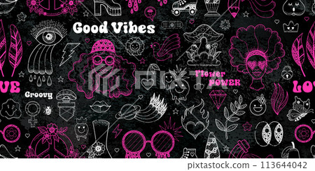 Y2k pink pattern on chalkboard background. Seamless groovy chalk smiley girl. Graffiti seamless pattern with heart flower liquid smiley sunglasses. Vector psychedelic collage. Cute retro Y2k style 113644042