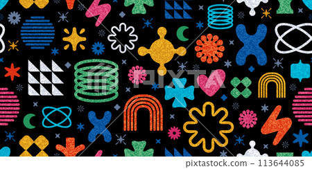 Pattern with y2k geometric shapes in retro style. Seamless simple vector color and black background. Trendy modern abstract forms and figures symbols seamless pattern. Geometric abstract background Pattern with y2k geometric shapes in retro style. Seamless simple vector color and black background. Trendy modern abstract forms and figures symbols seamless pattern. Geometric abstract background 113644085