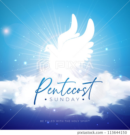 Pentecost Sunday Christian Holiday Illustration with White Flying Dove and Cloud on Sky Blue Background. Vector Holy Spirit Biblical Whitsunday Celebration Design with Typography Letter for Prayer 113644150