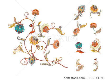 Fantasy flowers in retro, vintage, jacobean embroidery style. Fantasy flowers in retro, vintage, jacobean embroidery style. 113644193