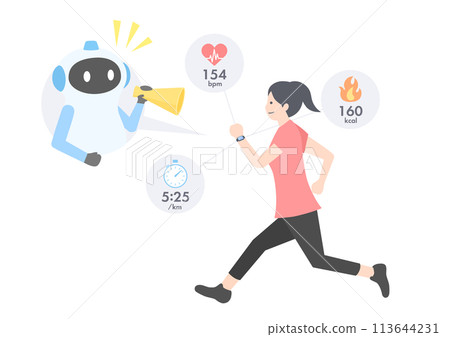 一位人工智慧教練為一位戴著智慧手錶跑步的女性提供支援的圖片 113644231