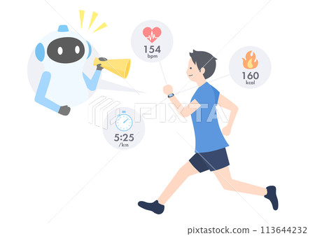 Image of an AI trainer supporting a man running while wearing a smartwatch Image of an AI trainer supporting a man running while wearing a smartwatch 113644232