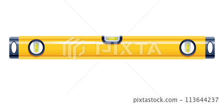 Level spirit tool with bubble. Vector construction ruler isolated on white. 3d carpenter level icon. Water balance ruler. Cartoon spirit builder measure tool. Building instrument vector illustration. Level spirit tool with bubble. Vector construction ruler isolated on white. 3d carpenter level icon. Water balance ruler. Cartoon spirit builder measure tool. Building instrument vector illustration. 113644237