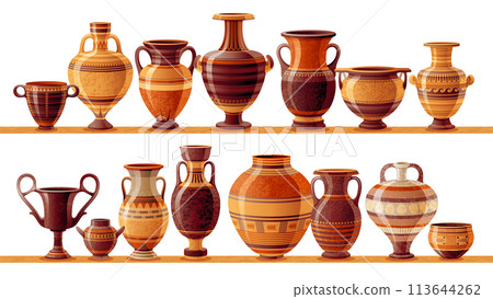 Pottery studio with ceramic vases and jars, clay pots and vintage amphoras on shelf. Handcrafted earthenware different shapes. Pottery workshop collection with clay vases, vector cartoon illustration 113644262